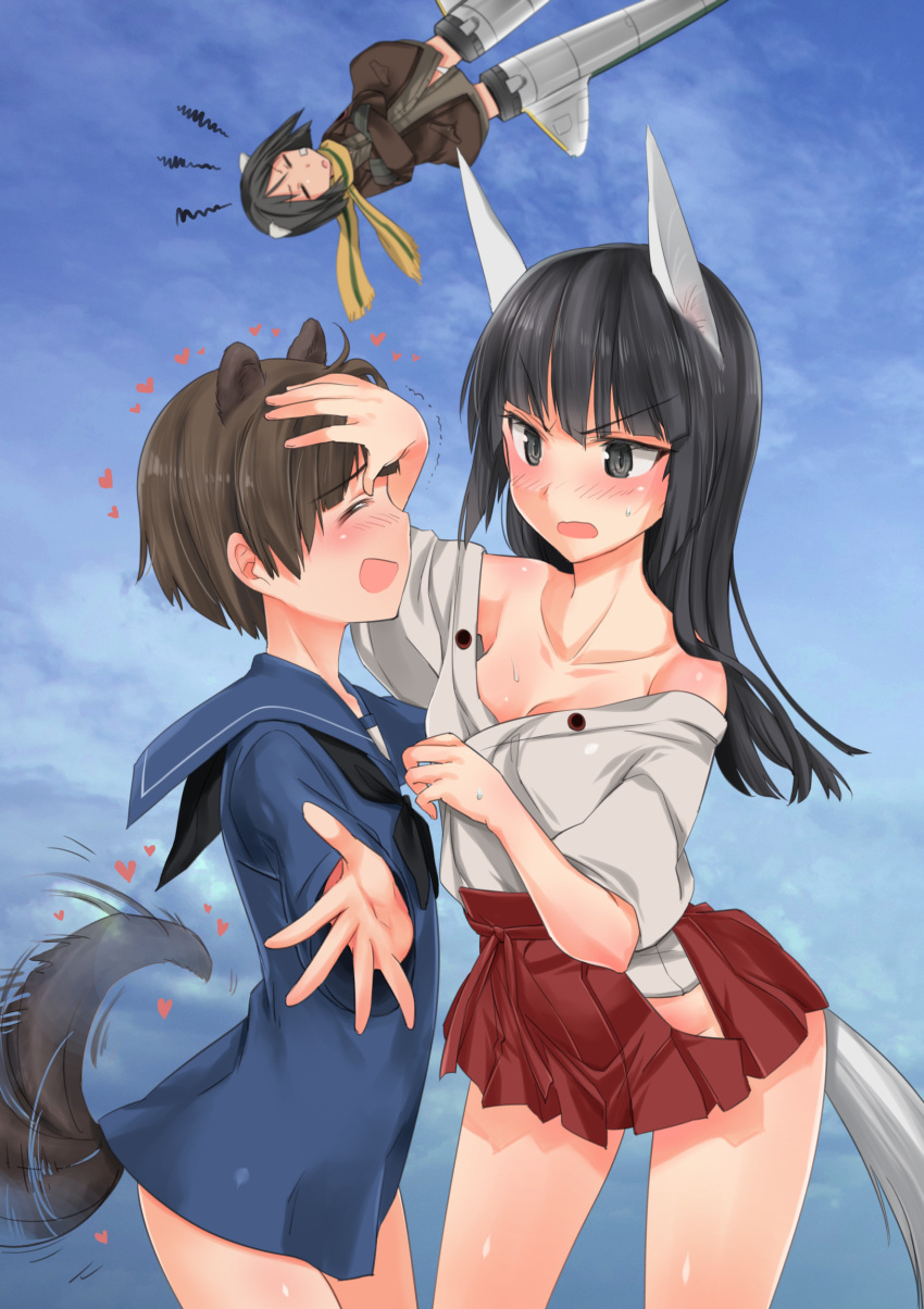 3girls anabuki_tomoko animal_ears aohashi_ame bangs bare_shoulders black_eyes black_hair black_neckwear blouse blue_blouse blue_sky blunt_bangs blush brave_witches breasts brown_hair brown_jacket cleavage cloud cloudy_sky commentary crossed_arms day dougi eyebrows_visible_through_hair flying fringe_trim frown grey_shirt hakama_skirt heart highres jacket kanno_naoe leaning_forward long_sleeves medium_breasts miniskirt motion_blur motion_lines multiple_girls neckerchief no_pants off_shoulder open_mouth outdoors outstretched_arms pleated_skirt red_skirt sakomizu_haruka scarf shirt short_hair short_sleeves skirt sky smile squiggle straight_hair striker_unit sweatdrop tail tail_wagging trembling upside-down white_shirt world_witches_series yellow_scarf yuri