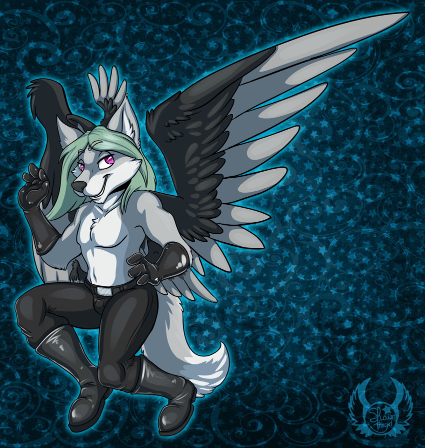 2020 anthro armwear boots canid canine clothed clothing cubi_(race) dipstick_tail elbow_gloves fan_character feathered_wings feathers footwear fur gloves green_hair grey_body grey_fur hair handwear head_wings male mammal multicolored_tail purple_eyes shawnthegirl solo topless wings