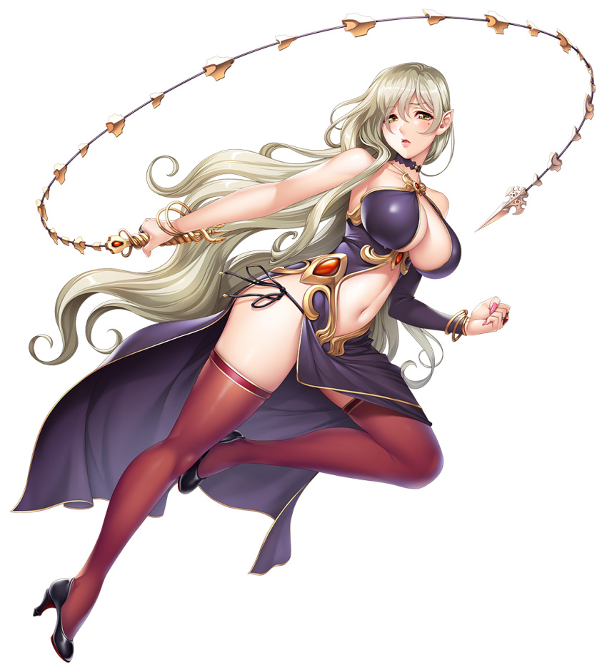 1girl bangs bare_shoulders black_footwear black_legwear blonde_hair bracelet breasts character_request choker cleavage clenched_hand commentary_request dress eyebrows_visible_through_hair fingernails full_body halterneck high_heels holding holding_weapon jewelry large_breasts leg_up lips long_hair looking_at_viewer mole mole_under_eye nail_polish navel official_art parted_lips pointy_ears purple_dress ring sano_toshihide shiny shiny_clothes shiny_hair shiny_skin side_slit sleeveless stomach taimanin_(series) taimanin_asagi_kessen_arena thighhighs weapon yellow_eyes
