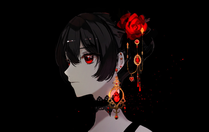 black black_hair choker flowers headdress naru_(ul) original red_eyes rose