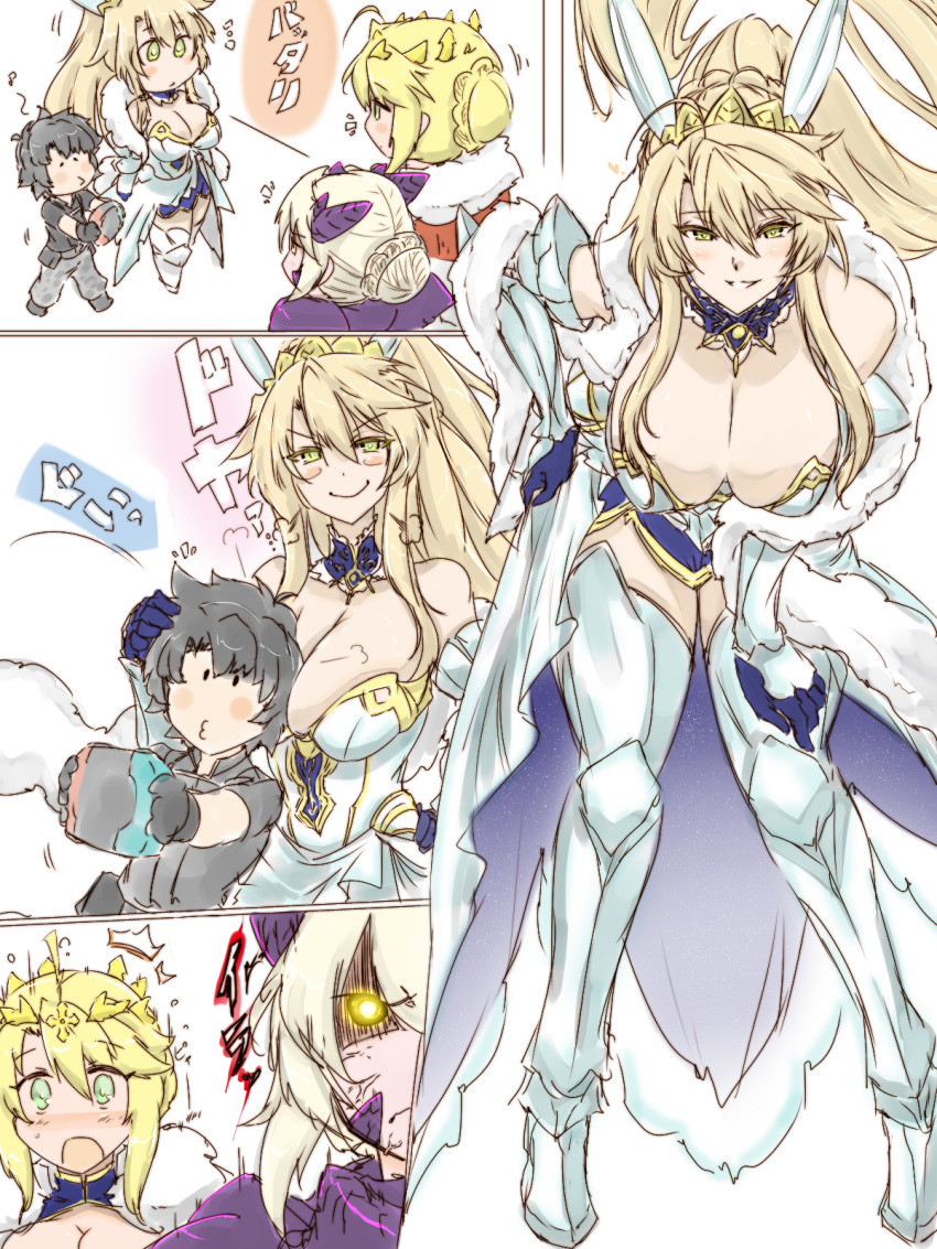 &gt;:) /\/\/\ 1boy 3girls anger_vein angry animal_ears artoria_pendragon_(all) artoria_pendragon_(lancer) artoria_pendragon_(lancer_alter) artoria_pendragon_(swimsuit_ruler)_(fate) bangs bent_over blonde_hair blue_neckwear blush braid breasts bunny_ears cape cleavage crown dark_persona detached_collar fate_(series) feather_boa fishnets french_braid fujimaru_ritsuka_(male) full_body fur-trimmed_cape fur_trim glowing glowing_eye green_eyes hair_between_eyes highleg highleg_leotard highres horns karakure_(kamo-nanban) large_breasts leaning_forward leotard light_smile long_hair looking_at_viewer multiple_girls multiple_persona navel_cutout open_mouth polar_chaldea_uniform ponytail revealing_clothes saber sidelocks smile smirk smug surprised swept_bangs underboob wrist_cuffs yellow_eyes