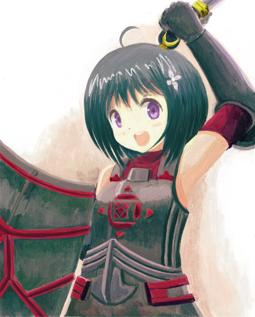 1girl :d absurdres ahoge arm_up armor armpits bangs bare_shoulders black_armor black_gloves black_hair blush bracer canvas_(medium) commentary elbow_gloves gloves hair_ornament highres holding holding_shield holding_weapon huge_filesize itai_no_wa_iya_nano_de_bougyoryoku_ni_kyokufuri_shitai_to_omoimasu looking_at_viewer maple_(itai_no_wa_iya_nano_de_bougyoryoku_ni_kyokufuri_shitai_to_omoimasu) noodleboxp open_mouth paint_(medium) purple_eyes red_gloves shield short_hair short_sword smile solo sword traditional_media upper_body weapon