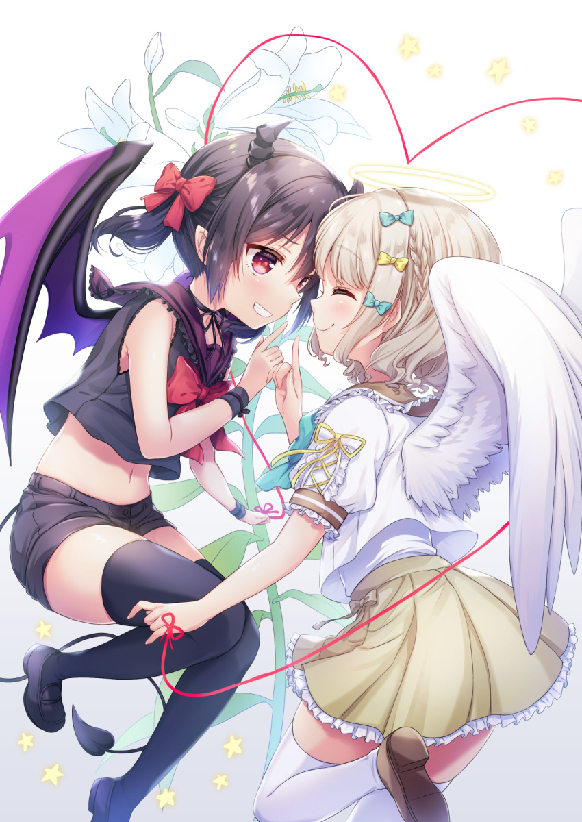 2girls angel_and_devil angel_wings bare_shoulders black_hair black_legwear black_shirt black_shorts bow bowtie choker closed_eyes commentary_request crop_top crop_top_overhang demon_girl demon_horns demon_tail demon_wings flower frilled_skirt frills grin hair_bow halo highres horns index_finger_raised kisukekun lily_(flower) loafers long_hair looking_at_another midriff miniskirt multiple_girls navel original pointy_ears red_eyes sailor_collar shirt shirt_overhang shoes short_shorts shorts skirt sleeveless sleeveless_shirt smile stomach tail thighhighs twintails undershirt white_flower white_legwear white_shirt wings wristband yellow_skirt zettai_ryouiki