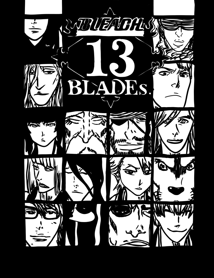 absurdres aizen_sousuke bleach highres hitsugaya_toushirou ichimaru_gin incredibly_absurdres kuchiki_byakuya kurotsuchi_mayuri kyouraku_shunsui minazuki-sensei tousen_kaname ukitake_juushirou unohana_retsu yamamoto-genryuusai_shigekuni zaraki_kenpachi