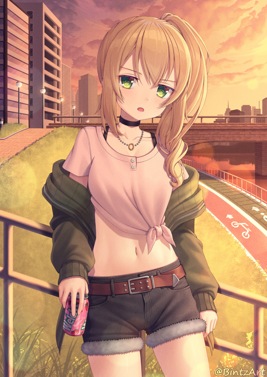 1girl absurdres belt bintz black_shorts blonde_hair bra_strap bridge building can chloe_(princess_connect) choker cloud collarbone cowboy_shot crop_top cutoffs front-tie_top green_eyes green_jacket highres holding holding_can huge_filesize jacket jewelry long_hair long_sleeves looking_at_viewer midriff navel necklace off_shoulder open_clothes open_jacket open_mouth outdoors park princess_connect! princess_connect!_re:dive railing shirt short_shorts short_sleeves shorts side_ponytail soda_can solo standing stomach sunset thighs white_shirt