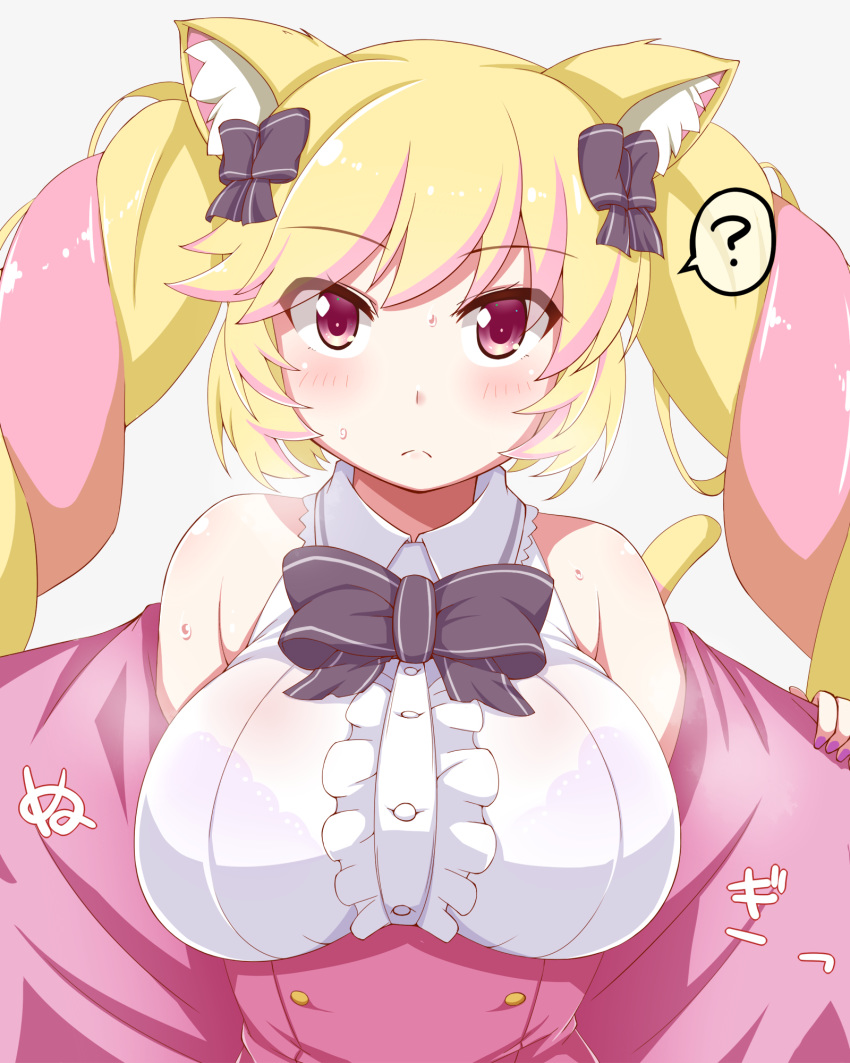 1girl ? animal_ears bare_shoulders blonde_hair blush bra breasts cat_ears closed_mouth dou-t eyebrows_visible_through_hair frilled_bra frills hair_ornament hair_ribbon highres large_breasts long_hair looking_at_viewer mashima_himeko_(show_by_rock!!) multicolored_hair pink_hair red_eyes ribbon see-through shiny shiny_hair shiny_skin show_by_rock!! simple_background solo sweat twintails underwear undressing upper_body white_background