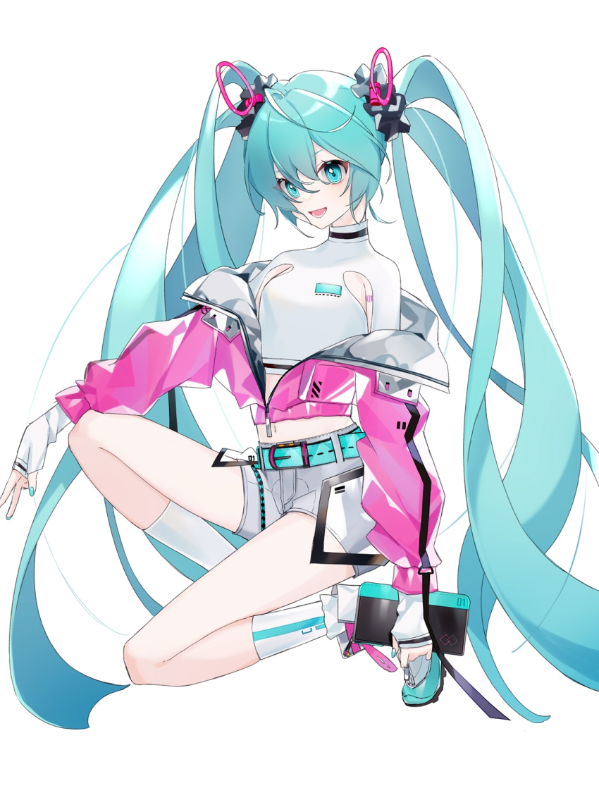 1girl :d alternate_hair_ornament asymmetrical_clothes bag bare_legs belt blue_eyes blue_hair blue_nails breasts eyelashes eyes_visible_through_hair fingerless_gloves fingernails full_body gloves grey_shorts hair_between_eyes hand_on_own_knee handbag hatsune_miku heridy highres holding holding_handbag jacket kneeling leg_up long_hair midriff navel no_nose number open_clothes open_jacket open_mouth pink_jacket shiny shiny_clothes shiny_hair shoes shorts sidelocks simple_background small_breasts smile sneakers socks solo tattoo twintails very_long_hair vocaloid white_background white_footwear white_legwear zipper
