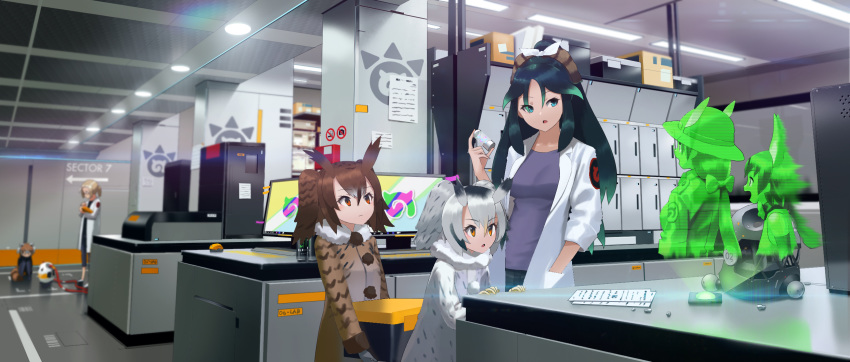 6+girls animal_ears autism_wanderer bangs before_and_after bird_ears black_gloves black_hair blue_eyes blue_shirt blurry blurry_background bow brown_coat brown_eyes brown_hair closed_mouth coat computer depth_of_field emblem epaulettes eurasian_eagle_owl_(kemono_friends) frown fur_collar gloves gradient_hair hair_bow hand_in_pocket hat_feather head_wings helmet highres holding hologram indoors japari_symbol kako_(kemono_friends) kemono_friends labcoat lesser_panda_(kemono_friends) long_sleeves mirai_(kemono_friends) monitor multicolored_hair multiple_girls northern_white-faced_owl_(kemono_friends) open_mouth orange_eyes pith_helmet ponytail serval_(kemono_friends) serval_ears shirt silver_hair smile squatting standing two-tone_hair white_bow white_coat white_gloves