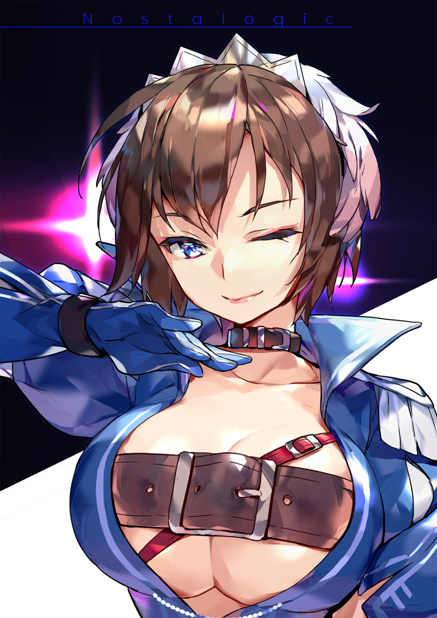 1girl belt belt_collar blue_eyes blue_jacket breasts brown_hair collar commentary english_commentary epaulettes feathers hand_up highres jacket karpin large_breasts lipstick looking_at_viewer makeup meiko nostalogic_(vocaloid) one_eye_closed open_clothes open_jacket short_hair smile solo song_name spotlight tiara upper_body vocaloid