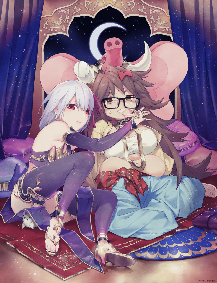 armor artist_request baggy_pants bandeau bangs bare_shoulders belly bikini_armor black-framed_eyewear blue_pants bow breasts brown_eyes brown_hair curtains detached_sleeves dress earrings elephant_hat facial_mark fate/grand_order fate_(series) forehead_mark ganesha_(fate) glasses hair_ribbon hamster highres indian_clothes jewelry jinako_carigiri kama_(fate/grand_order) large_breasts long_hair long_sleeves looking_at_viewer navel open_clothes open_shirt pants parted_lips pillow pink_ribbon plump purple_dress purple_legwear red_bow ribbon ring sandals sash shirt short_hair silver_hair sitting small_breasts smile sweatdrop thigh_strap thighhighs thighlet yellow_shirt