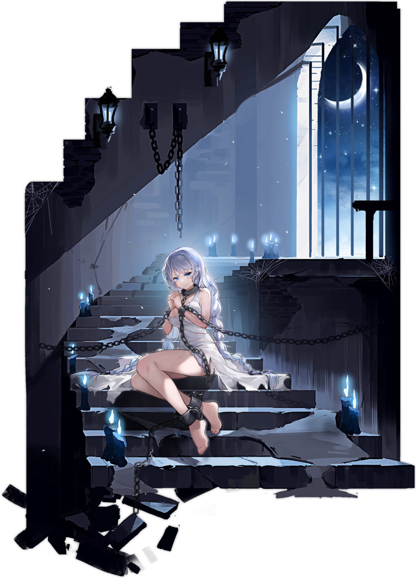 1girl alternate_costume areola_slip areolae avrora_(azur_lane) avrora_(shackled_saule)_(azur_lane) azur_lane bare_shoulders barefoot blue_eyes blush bound braid breasts bruise candle chain cuffs dress dungeon feet full_body hair_ornament hands_together highres injury kaede_(003591163) large_breasts logo long_hair looking_at_viewer official_art shackles silk silver_hair sitting sitting_on_lap sitting_on_person solo spider_web stairs torn_clothes torn_dress transparent_background twin_braids very_long_hair white_dress