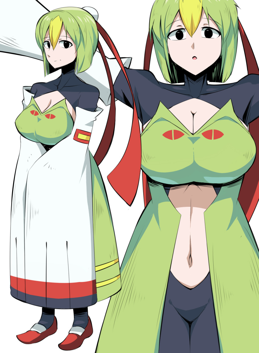 1girl :/ :o bangs black_bodysuit black_eyes blonde_hair bodysuit bodysuit_under_clothes breasts bun_cover center_opening cleavage cleavage_cutout commentary_request covered_collarbone cowboy_shot detached_sleeves dress eyebrows_visible_through_hair full_body gen_2_pokemon green_hair hair_between_eyes hair_bun hair_ribbon highres large_breasts looking_at_viewer multicolored_hair multiple_views navel navel_cutout outstretched_arms personification pokemon red_footwear red_ribbon ribbon shoes short_hair sidelocks simple_background standing strapless strapless_dress streaked_hair suzusiigasuki two-tone_hair very_long_sleeves white_background white_sleeves wide_sleeves xatu