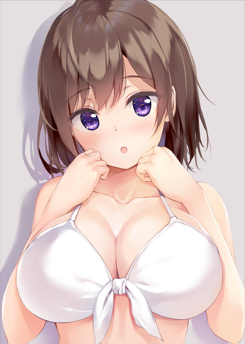 1girl :o ahoge bare_arms bare_shoulders bikini breasts brown_hair cleavage collarbone commentary front-tie_bikini front-tie_top hands_up highres large_breasts looking_at_viewer open_mouth original pasdar purple_eyes shadow short_hair solo swimsuit upper_body white_bikini