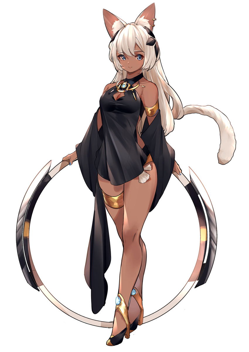 1girl animal_ears armlet bare_shoulders black_dress blue_eyes chakram cleavage_cutout crossed_legs dark_skin detached_sleeves dress full_body high_heels highres looking_at_viewer majocc_(dusty051) original smile solo tail thighlet watson_cross weapon white_background white_hair