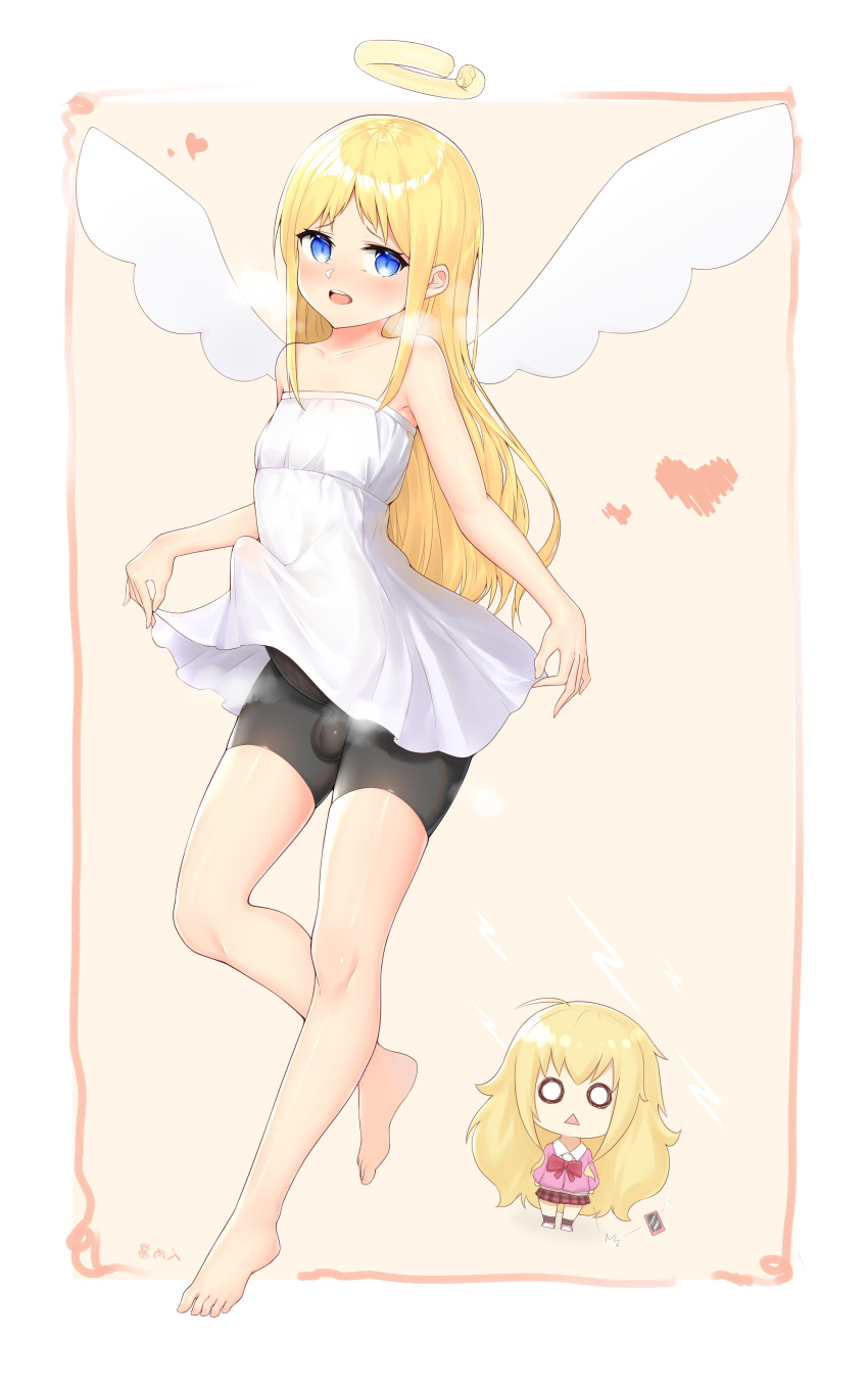 1girl 1other :&lt; absurdres angel angel_wings armpits bare_shoulders barefoot bike_shorts black_shorts blonde_hair blue_eyes blush broken_halo bulge cellphone chibi chinese_commentary commentary_request crimvael crossover dress erection erection_under_clothes feet full_body futanari gabriel_dropout halo heart hermaphrodite highres ishuzoku_reviewers large_penis long_hair o_o open_mouth penis phone pink_background pink_shirt plaid plaid_skirt red_skirt renroujiang school_uniform seiyuu_connection shirt short_dress shorts simple_background skirt smartphone smile strapless strapless_dress surprised tenma_gabriel_white testicles thighs toes tomita_miyu trait_connection very_long_hair wide-eyed wings