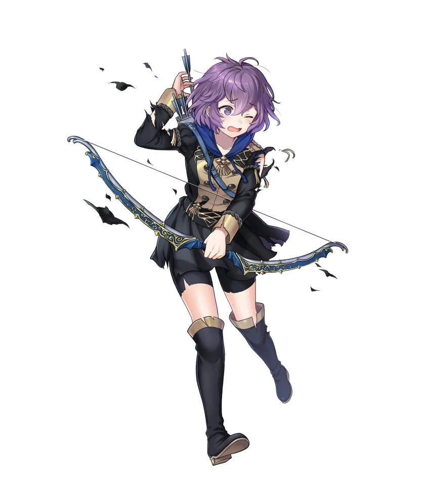 1girl arrow bernadetta_von_varley boots bow_(weapon) crying epaulettes fire_emblem fire_emblem:_three_houses fire_emblem_heroes full_body highres official_art one_eye_closed open_mouth purple_eyes purple_hair quiver short_hair solo thighhighs torn_clothes transparent_background weapon