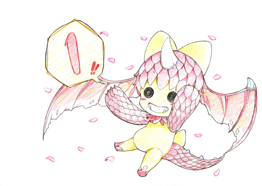 !! 1 absurdres blush blush_stickers chibi colored_pencil_(medium) countdown fangs full_body head_wings highres horn itai_no_wa_iya_nano_de_bougyoryoku_ni_kyokufuri_shitai_to_omoimasu monster no_humans official_art open_mouth petals scales simple_background solo speech_bubble tail traditional_media white_background