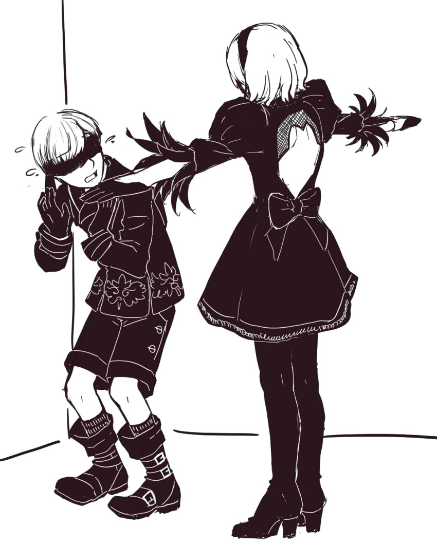 1boy 1girl backless_outfit blindfold boots covered_eyes english_commentary flying_sweatdrops greyscale hairband high_heel_boots high_heels highres jacket juliet_sleeves long_sleeves meme monochrome nier_(series) nier_automata puffy_sleeves sakuramochixninja scared short_hair shorts standing t-pose thigh_boots thighhighs yorha_no._2_type_b yorha_no._9_type_s