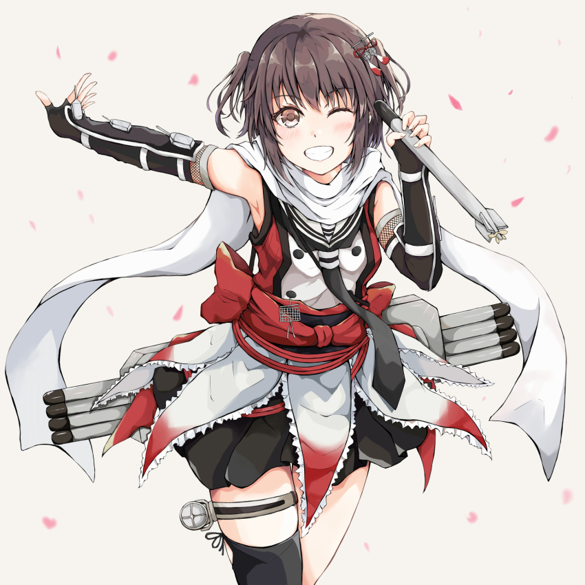 1girl asymmetrical_legwear black_gloves black_legwear black_skirt brown_eyes brown_hair commentary_request dairyo3 double-breasted elbow_gloves fingerless_gloves gauntlets gloves grin highres holding holding_torpedo kantai_collection leaning_forward looking_at_viewer neckerchief remodel_(kantai_collection) scarf school_uniform sendai_(kantai_collection) serafuku simple_background single_thighhigh skirt smile solo thighhighs torpedo two_side_up white_background white_scarf