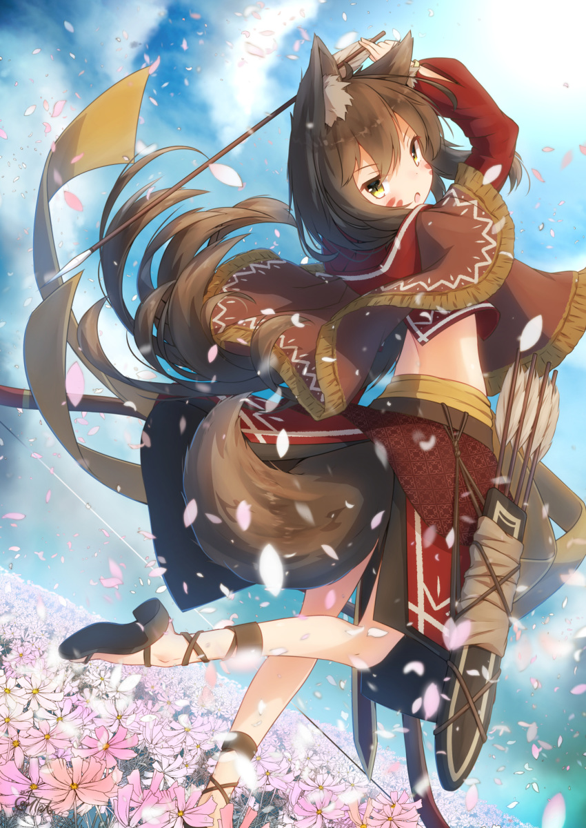 1girl animal_ear_fluff animal_ears arm_up arrow bangs black_footwear black_skirt blue_sky blush bow_(weapon) brown_capelet brown_hair cloud commentary_request coreytaiyo cropped_jacket day dutch_angle eyebrows_visible_through_hair facial_mark field flower flower_field fox_ears fox_girl fox_tail fringe_trim hair_between_eyes highres holding holding_arrow jacket long_hair long_sleeves looking_at_viewer looking_back open_mouth original outdoors petals pink_flower puffy_long_sleeves puffy_sleeves quiver red_jacket shoe_soles signature skirt sky solo standing standing_on_one_leg tail very_long_hair weapon white_flower yellow_eyes