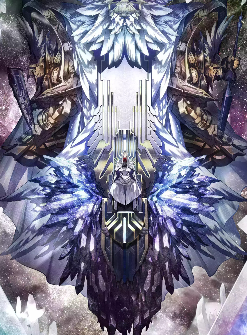 1boy absurdres angel angel_wings crossed_arms crystal dies_irae_pantheon feathers frown g_yuusuke highres looking_at_viewer necktie nerose_satanel official_art paradise_lost salt shield solo space sword throne weapon white_hair wings