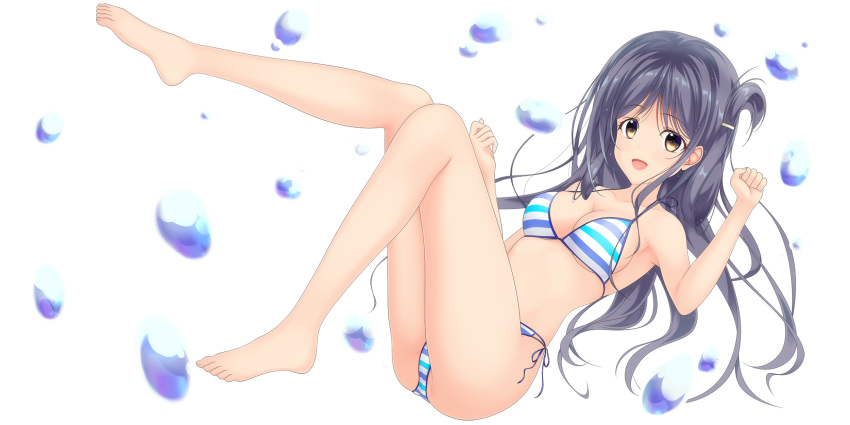 1girl bikini black_hair breasts brown_eyes cleavage commentary_request droplet folded_hair full_body high_school_fleet highres huge_filesize long_hair looking_at_viewer marikouji_kaede medium_breasts one_side_up ronta_rukia side-tie_bikini simple_background smile solo striped striped_bikini swimsuit water_drop white_background