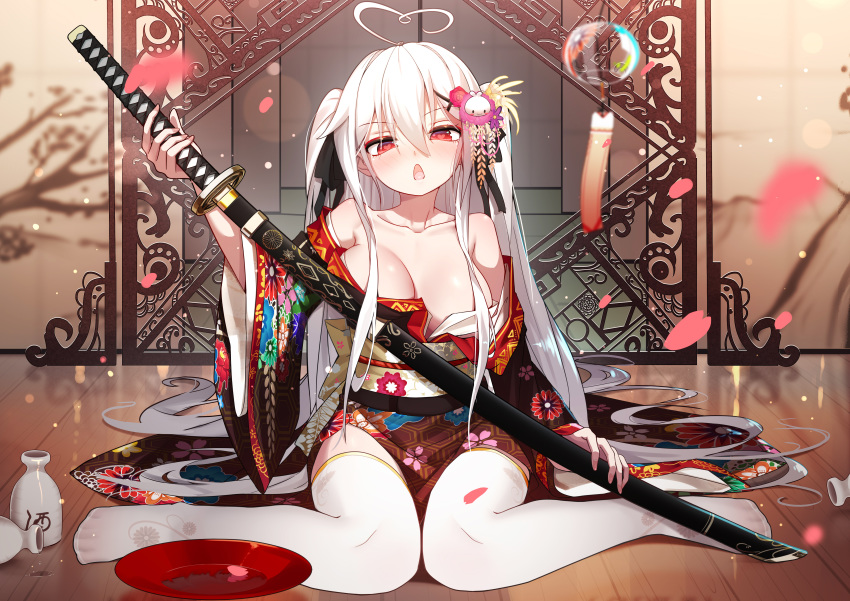 bai_yemeng blush breasts cherry_blossoms drink flowers japanese_clothes katana kimono long_hair no_bra original red_eyes sake sen_ya signed sword thighhighs tokisaki_mio twintails weapon white_hair