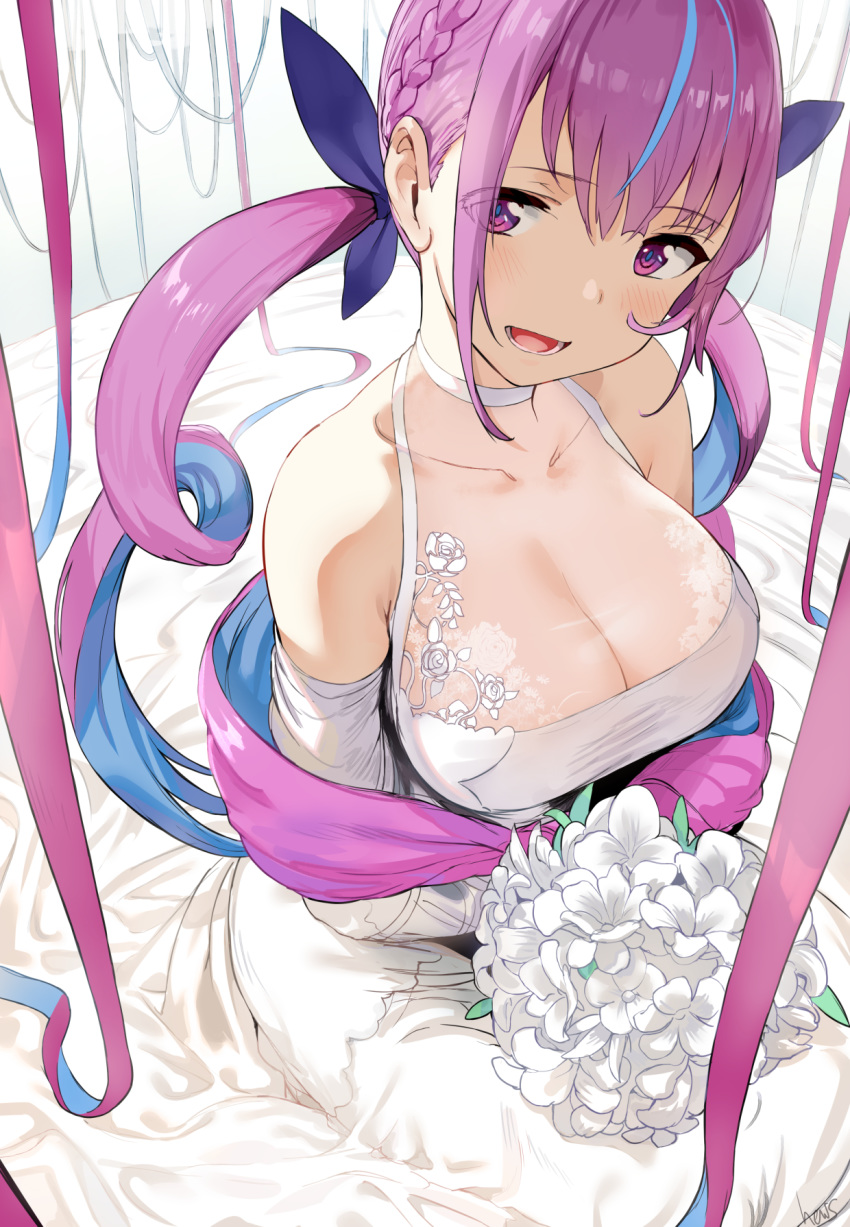 1girl bangs bare_shoulders blue_hair blue_ribbon blush bouquet braid breasts cleavage collarbone dress eyebrows_visible_through_hair floral_print flower hair_between_eyes hair_ribbon hews_hack highres holding holding_bouquet hololive large_breasts long_hair looking_at_viewer minato_aqua multicolored_hair open_mouth purple_eyes purple_hair ribbon sitting sleeveless sleeveless_dress smile solo twintails two-tone_hair virtual_youtuber wedding_dress white_dress white_flower
