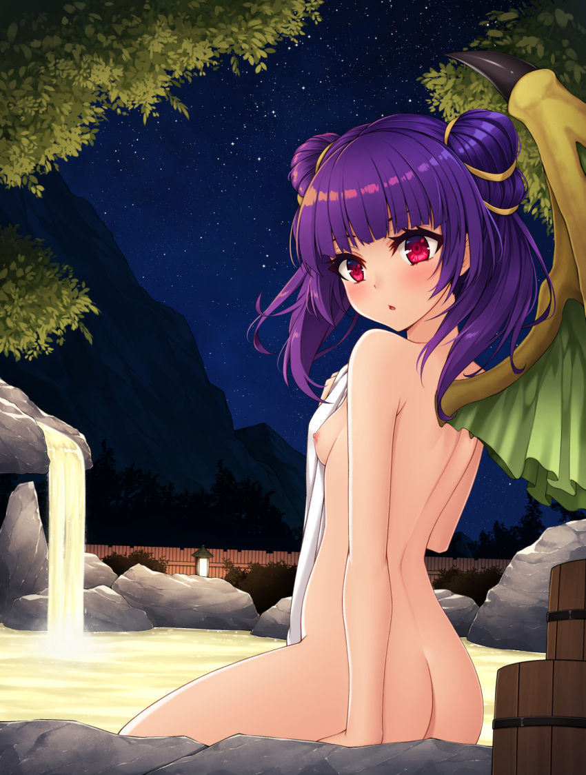 1girl ass back bangs blunt_bangs blush breasts bucket dragon_wings eyelashes fence fire_emblem fire_emblem:_the_sacred_stones healther highres lantern looking_at_viewer manakete mountain myrrh_(fire_emblem) night night_sky nipples nude onsen outdoors parted_lips pink_eyes purple_hair sitting sky small_breasts solo star_(sky) starry_sky towel tree twintails water wings