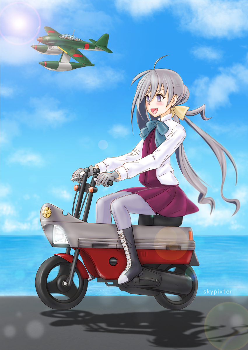 1girl absurdres ahoge aircraft airplane blue_sky boots bow bowtie cloud commentary_request cross-laced_footwear day driving full_body grey_eyes grey_hair grey_legwear ground_vehicle hair_between_eyes hair_bun halterneck highres honda_motocompo horizon kantai_collection kiyoshimo_(kantai_collection) lace-up_boots lens_flare long_hair low_twintails m6a_seiran minibike motocompo motor_vehicle motorcycle ocean outdoors pantyhose riding shirt sky skypixter solo twintails very_long_hair white_shirt