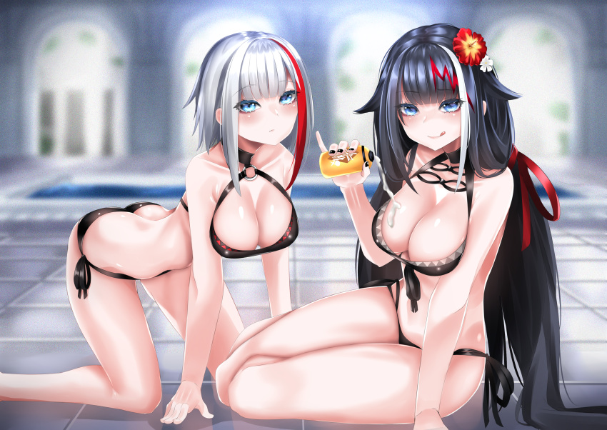 2girls absurdres admiral_graf_spee_(azur_lane) azur_lane bikini black_bikini black_hair blue_eyes bottle breasts deutschland_(azur_lane) deutschland_(service_time?!)_(azur_lane) flower hair_flower hair_ornament hibiscus highres holding holding_bottle huge_filesize long_hair lotion lotion_bottle multicolored_hair multiple_girls no_tail pouring_onto_self red_hair short_hair silver_hair streaked_hair suggestive_fluid sunscreen surota swimsuit thighs