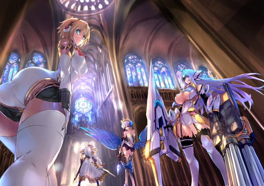 4girls absurdres aegis_(persona) android antenna_hair armor armored_dress ass bad_perspective bare_shoulders blonde_hair blue_eyes blue_hair blue_wings boots breasts cannon church cleavage cleavage_cutout commentary crossover dress dual_wielding feathered_wings floating_hair foreshortening from_below garter_straps gwendolyn headphones highres holding holding_staff holding_sword holding_weapon huge_weapon indoors knee_boots kos-mos large_breasts leaning_forward lenneth_valkyrie leotard long_hair medium_breasts multiple_girls negresco odin_sphere panties pantyshot pantyshot_(standing) pauldrons persona persona_3 red_eyes robot_joints short_dress short_hair silver_hair staff stained_glass standing sunlight sword thighhighs tiara twisted_torso underboob underwear valkyrie_profile vaulted_ceiling weapon white_dress white_legwear white_panties winged_hat wings xenosaga