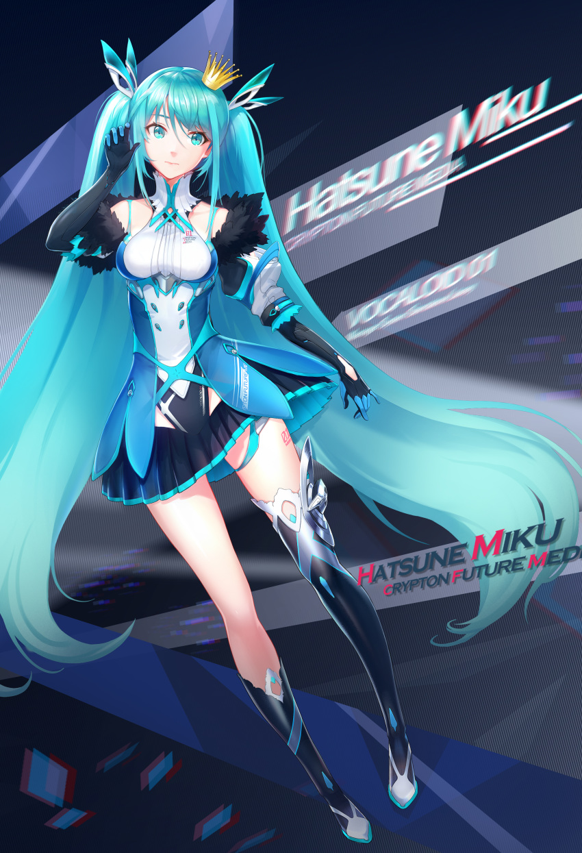 1girl absurdres asymmetrical_legwear black_gloves black_legwear black_skirt blue_eyes blue_hair blurry character_name closed_mouth copyright_name crown elbow_gloves floating_hair gloves hair_between_eyes hair_ornament hatsune_miku highres kneehighs leotard long_hair looking_at_viewer lowleg_skirt mini_crown miniskirt pleated_skirt samanta shiny shiny_hair single_kneehigh single_thighhigh skirt solo thighhighs twintails very_long_hair vocaloid