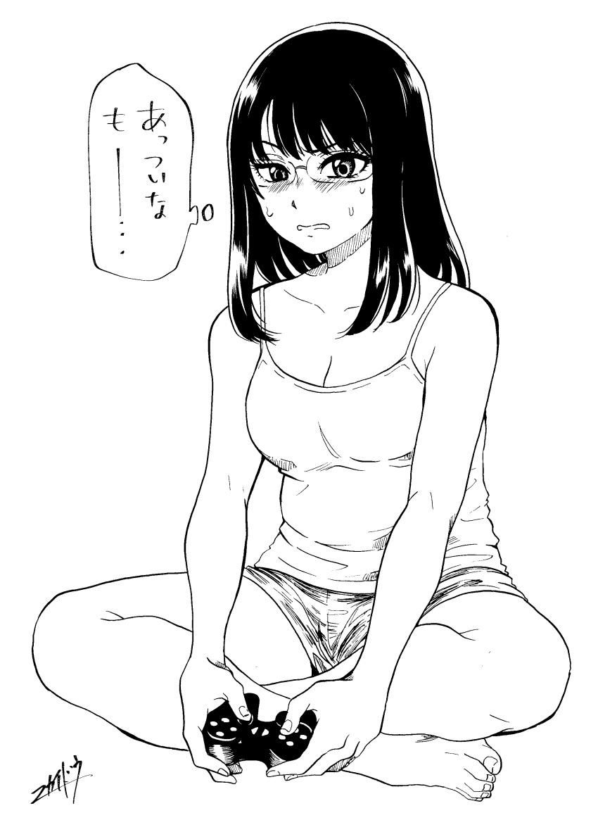 1girl absurdres bare_legs bare_shoulders barefoot blush boyshorts breasts camisole cleavage controller fingernails full_body game_controller glasses greyscale highres holding_controller indian_style looking_at_viewer medium_hair monochrome nikaidou_kou original parted_lips signature simple_background sitting solo sweatdrop thought_bubble toenails translation_request white_background