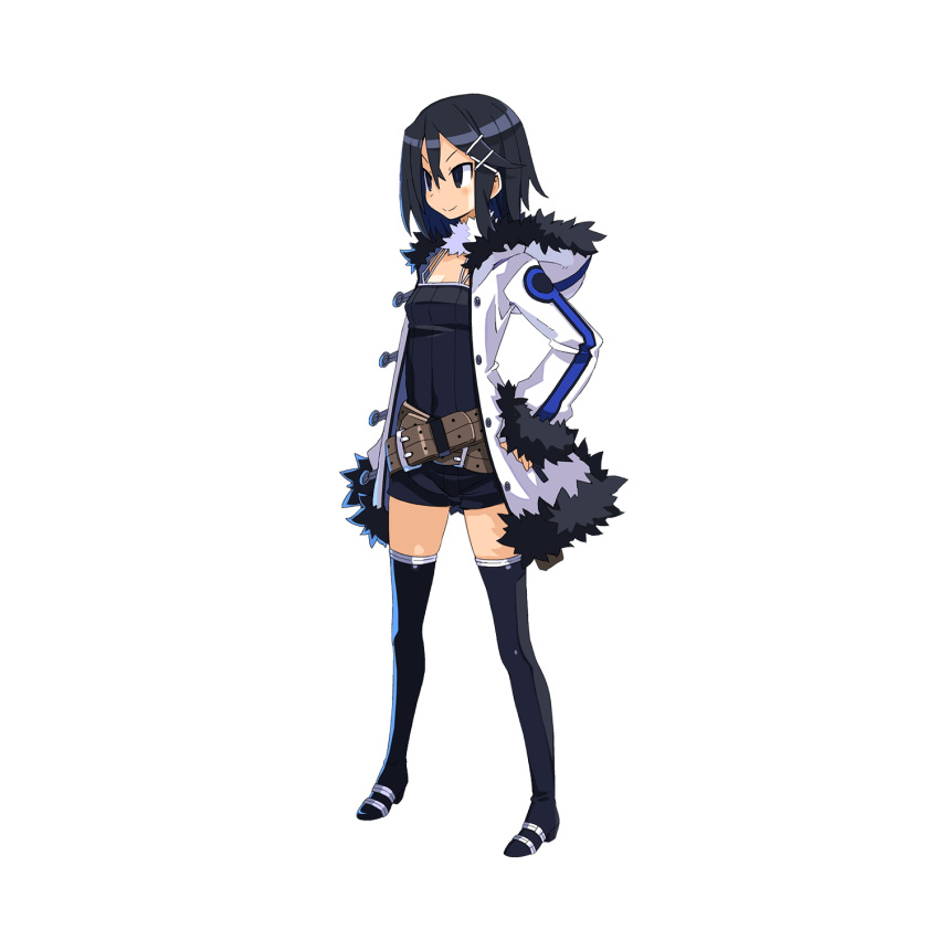 asagiri_asagi belt black_eyes black_footwear black_hair boots crossed_belts disgaea full_body fur_choker fur_trim hair_ornament hairclip highres hood hood_down long_sleeves nippon_ichi shorts simple_background smile standing thigh_boots thighhighs white_background