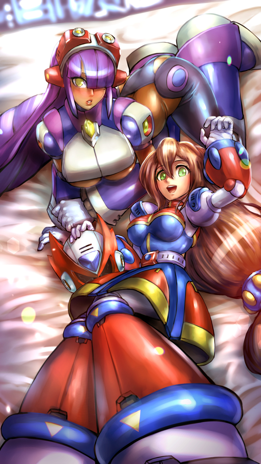 2girls absurdres android bangs bed_sheet blunt_bangs blush breasts brown_hair dark_skin dgrp_(minhduc12333) dress english_commentary green_eyes hair_between_eyes hair_over_one_eye headset helmet highres huge_filesize iris_(rockman_x) large_breasts layer long_hair low-tied_long_hair medium_breasts mole mole_under_eye multiple_girls open_mouth purple_hair robot_ears rockman rockman_x smile underboob