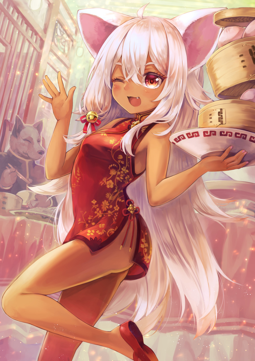 1girl ;d absurdres ahoge animal_ears bamboo_steamer bangs baozi bare_arms bare_shoulders bell black_jacket blush bow_(weapon) breasts china_dress chinese_clothes chopsticks commentary_request dark_skin dog dress eyebrows_visible_through_hair fang food hair_bell hair_between_eyes hair_ornament hair_ribbon hands_up highres holding holding_bow_(weapon) holding_chopsticks holding_weapon jacket jingle_bell long_hair netamaru one_eye_closed open_mouth original red_dress red_eyes red_footwear red_ribbon ribbon shoe_soles shoes short_dress sleeveless sleeveless_dress small_breasts smile solo_focus standing table very_long_hair weapon white_hair