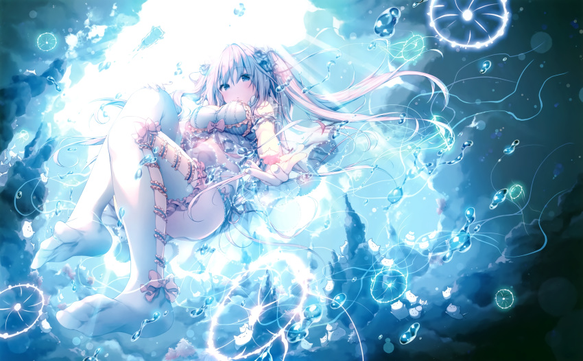 blue_eyes blush bubbles cropped konomi long_hair original scan thighhighs underwater water white_hair