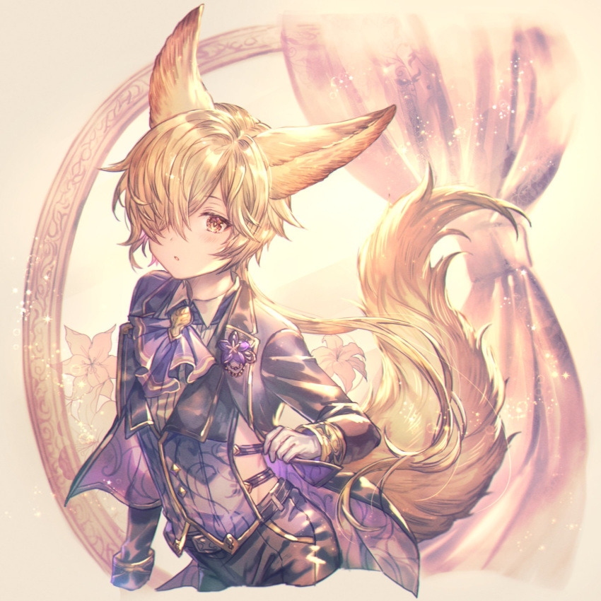 1boy animal_ears backless_outfit blonde_hair brown_eyes erune formal fox_boy fox_ears fox_tail gloves granblue_fantasy hair_ornament hair_over_one_eye highres jacket kou_(granblue_fantasy) large_tail long_hair looking_at_viewer male_focus necktie open_mouth shigaraki_(strobe_blue) solo suit tail