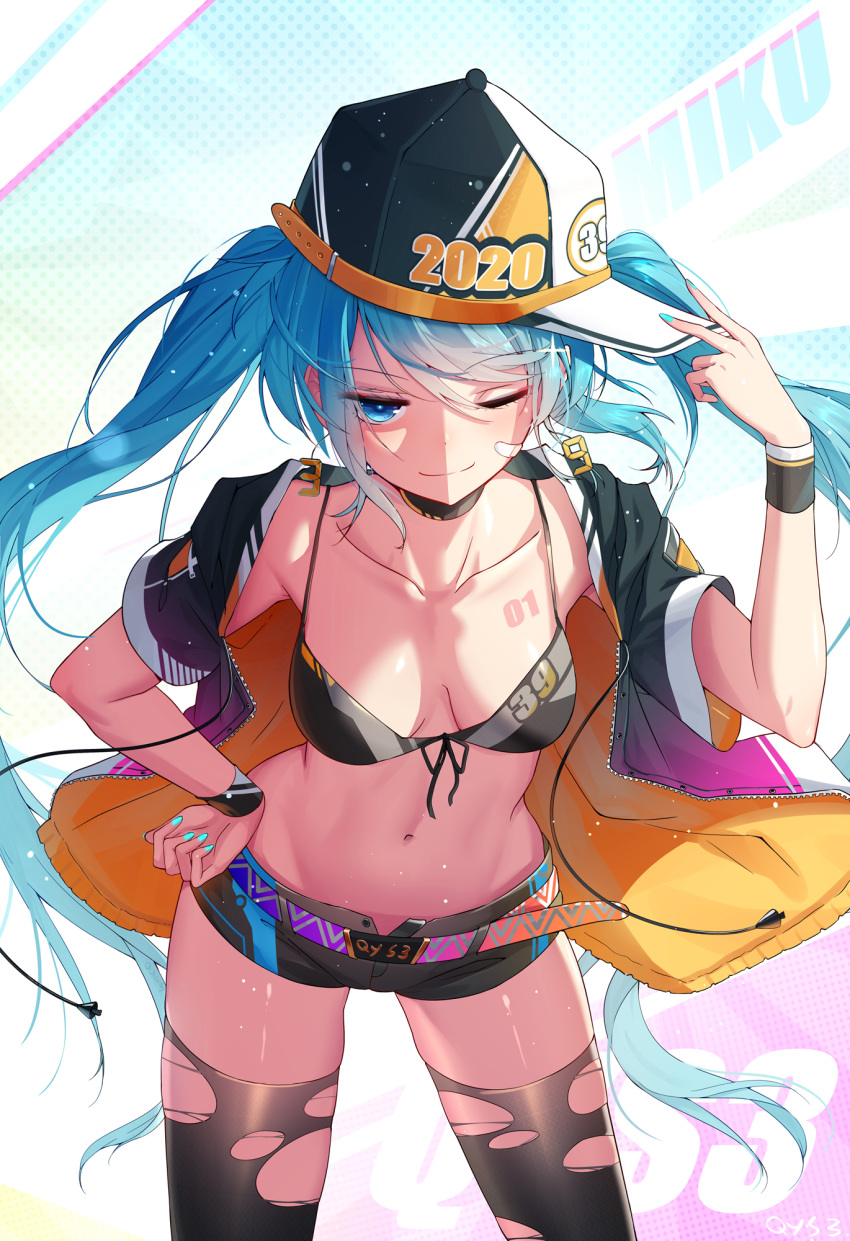 bandaid bikini_top hatsune_miku open_shirt sen_ya swimsuits tattoo thighhighs torn_clothes vocaloid