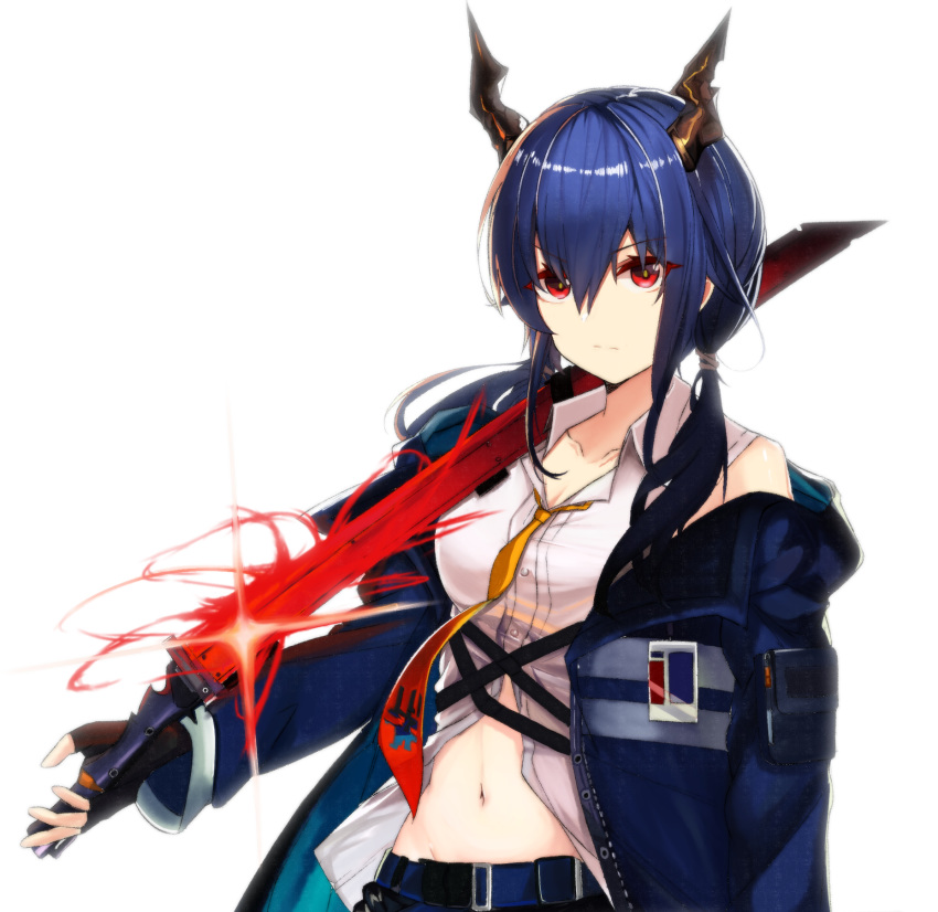 1girl arknights bangs bare_shoulders black_gloves blue_hair blue_jacket breasts ch'en_(arknights) collarbone commentary eyebrows_visible_through_hair fingerless_gloves glint gloves hair_between_eyes highres holding holding_sword holding_weapon horns jacket lancer_(worudrleh1) long_hair long_sleeves looking_at_viewer medium_breasts navel necktie off_shoulder open_clothes open_jacket over_shoulder red_eyes shirt sidelocks simple_background sleeveless sleeveless_shirt solo sword upper_body weapon weapon_over_shoulder white_background white_shirt yellow_neckwear