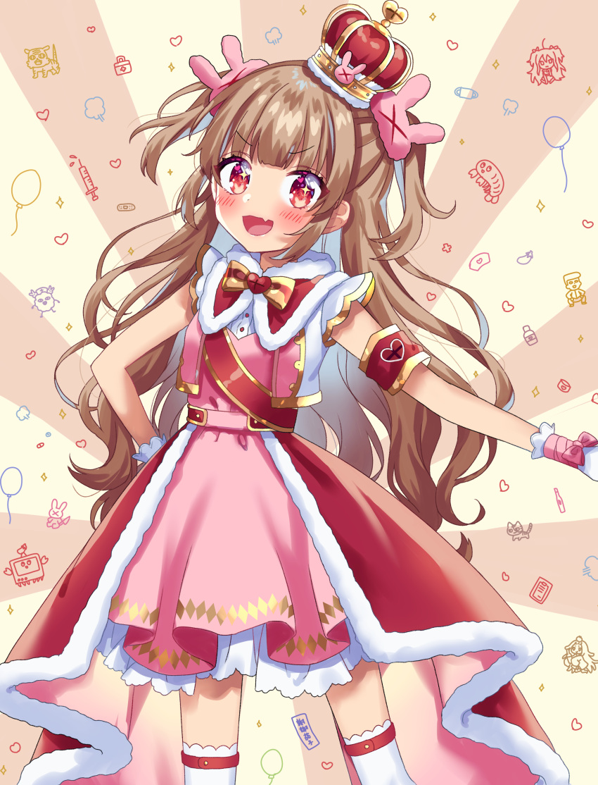 1girl absurdres armband blush brown_hair commentary_request crown dress fang hair_ornament highres hina_(hinalovesugita) long_hair looking_at_viewer natori_sana open_mouth red_eyes sana_channel solo thighhighs virtual_youtuber white_background