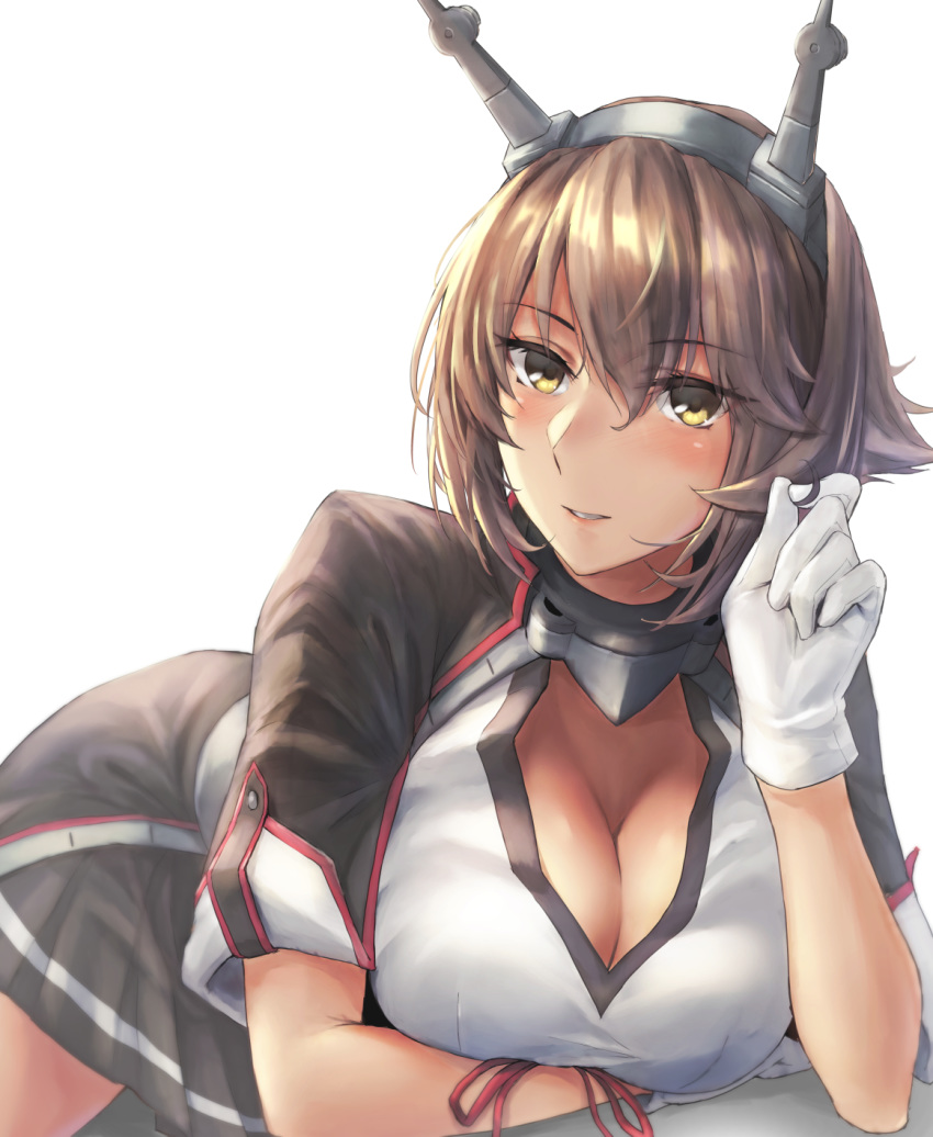 1girl black_skirt blush breasts brown_hair cleavage eyebrows_visible_through_hair gloves green_eyes hair_between_eyes headgear highres kantai_collection kokuzoo large_breasts miniskirt mutsu_(kantai_collection) pleated_skirt radio_antenna short_hair short_sleeves simple_background skirt solo white_background white_gloves