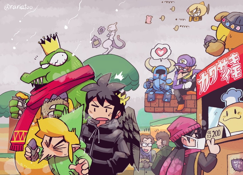 :3 aori_(splatoon) artist_name beanie brick bulging_eyes chef_kawasaki coat commentary dark_pit donkey_kong_(series) donkey_kong_country facial_hair floating floating_object food food_stand gen_1_pokemon glasses hal_emmerich hat heart helmet highres horned_helmet kabula kid_icarus kid_icarus_uprising king_k._rool kirby kirby's_dream_land kirby_(series) legendary_pokemon link looking_at_another looking_back mario_(series) mask metal_gear_(series) mewtwo mouth_mask mustache notice_lines outdoors pac-man pac-man_(game) pokemon pokemon_(creature) rariatto_(ganguri) scarf shovel_knight shovel_knight_(character) sneezing snowing solid_snake splatoon_(series) splatoon_1 spoken_heart stubble sunglasses super_smash_bros. surgical_mask sweet_potato telekinesis the_legend_of_zelda the_legend_of_zelda:_the_wind_waker toon_link translation_request tree twitter_username v waluigi winter winter_clothes |_|