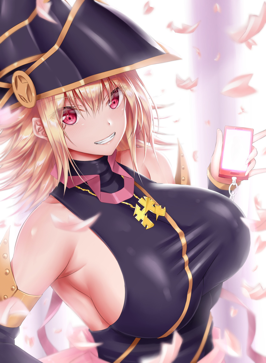 1girl absurdres armlet armpits asymmetrical_hair bangs bare_shoulders black_headwear black_sleeves blonde_hair blurry blurry_background blurry_foreground blush breasts cellphone_charm collarbone commentary_request detached_sleeves dress duel_monster emblem eyebrows_visible_through_hair fangs gagaga_girl grin hair_between_eyes hat highres holding holding_phone huge_breasts jewelry karucho looking_at_viewer medium_hair necklace phone pink_ribbon purple_dress red_eyes ribbon sideboob sidelocks sleeveless sleeveless_dress smile solo taut_clothes taut_dress turtleneck_dress upper_body wizard_hat yuu-gi-ou