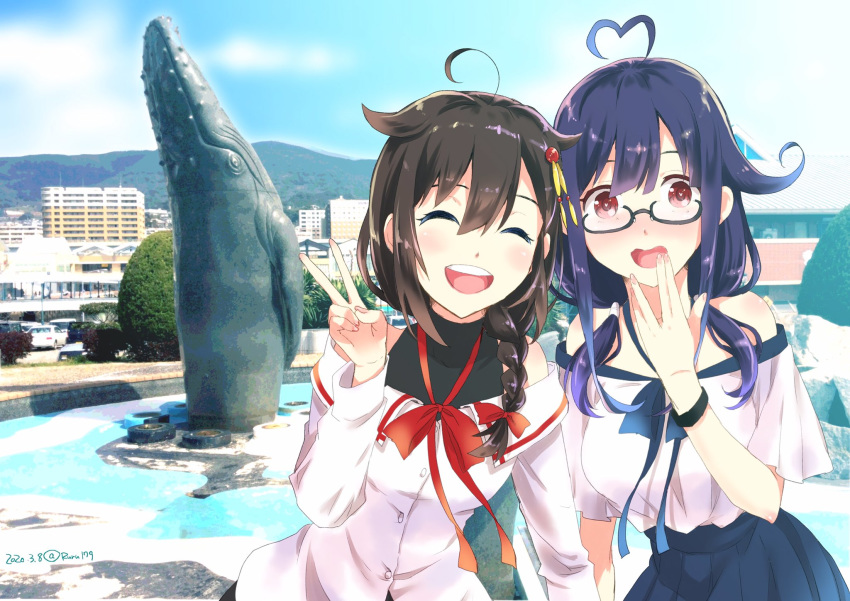 2girls ^_^ ahoge aikawa_ruru alternate_costume bare_shoulders bespectacled black-framed_eyewear black_hair blue_skirt blush braid casual closed_eyes commentary_request facing_viewer glasses hair_flaps hair_ornament hair_over_shoulder highres kantai_collection long_hair looking_at_viewer low_twintails multiple_girls off-shoulder_shirt off_shoulder open_mouth purple_hair red_eyes remodel_(kantai_collection) sasebo shigure_(kantai_collection) shirt single_braid skirt taigei_(kantai_collection) twintails watch white_shirt wristwatch