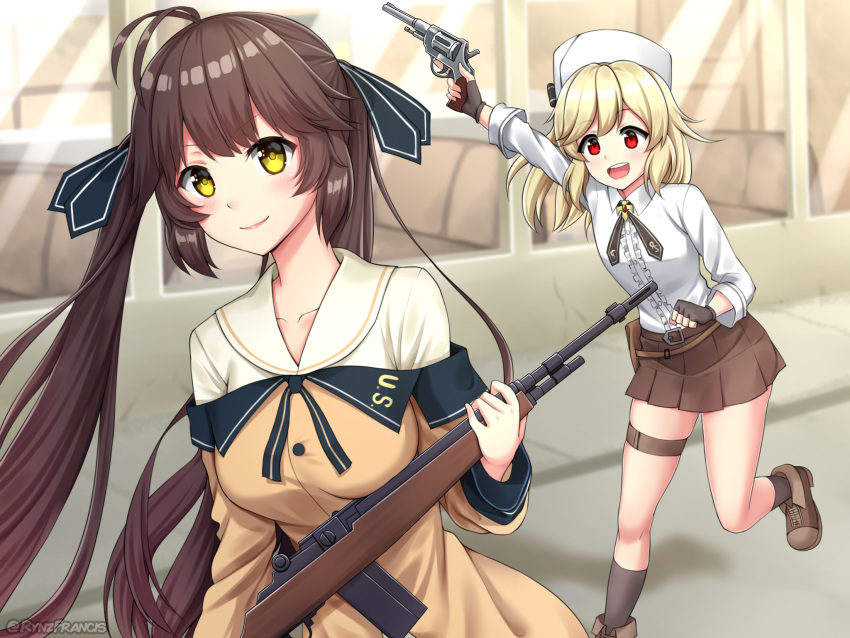 2girls battle_rifle blonde_hair brown_hair fingerless_gloves fur_hat girls_frontline gloves green_eyes gun hat highres m14 m14_(girls_frontline) multiple_girls nagant_m1895 nagant_revolver_(girls_frontline) red_eyes restaurant rifle rynzfrancis school_uniform serafuku trigger_discipline twintails ushanka weapon window