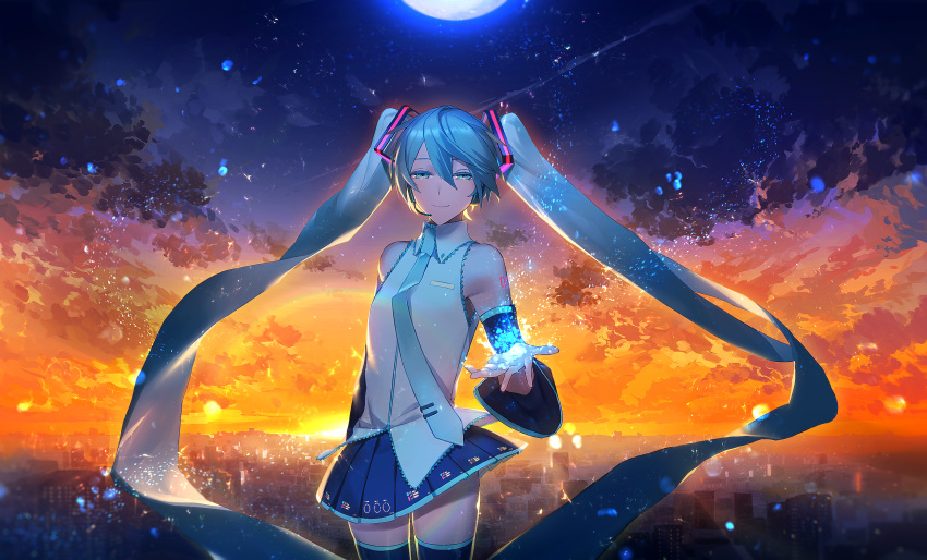 agyou_sonokou_l aqua_eyes aqua_hair building city clouds hatsune_miku headphones long_hair moon skirt sky sunset tie twintails vocaloid zettai_ryouiki