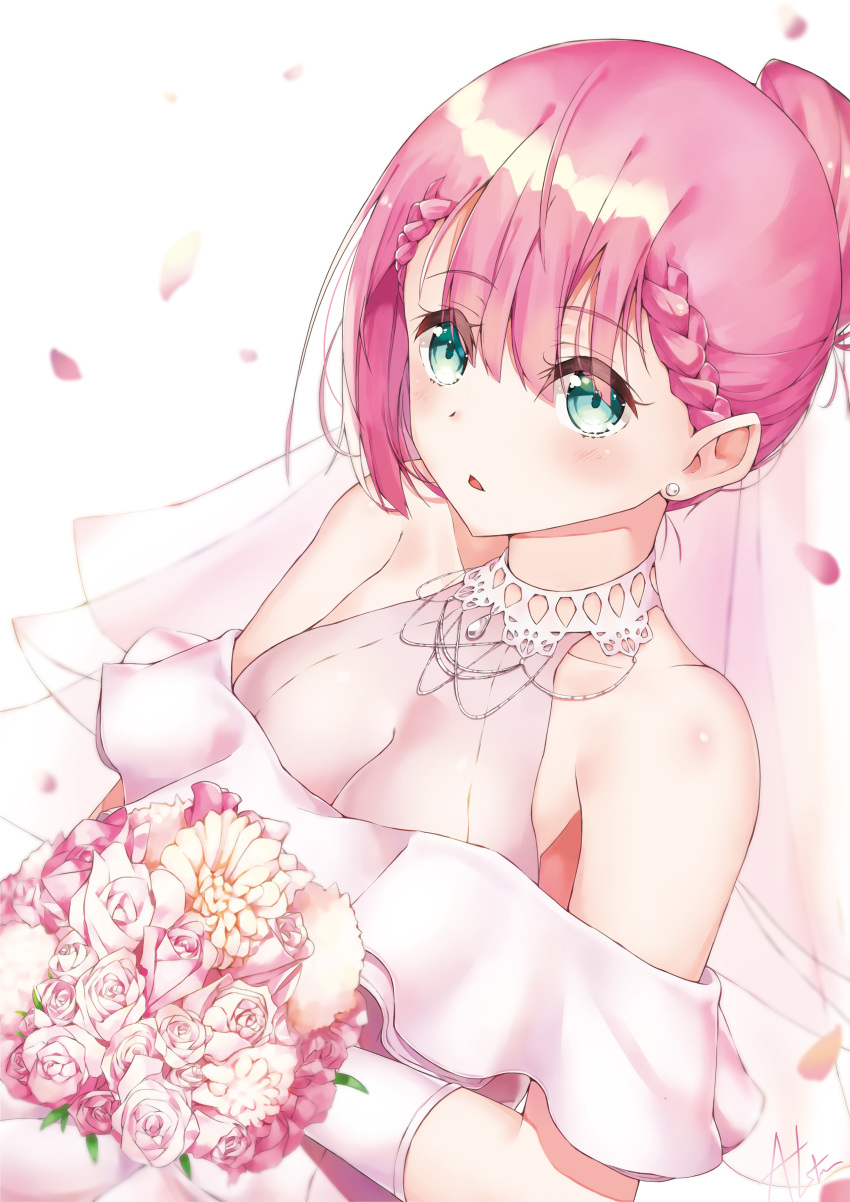 1girl absurdres bangs bare_shoulders blue_eyes blush bokutachi_wa_benkyou_ga_dekinai braid breasts bridal_veil bride cleavage commentary_request detached_sleeves dress earrings elbow_gloves flower gloves highres jewelry kirisu_mafuyu kxc7357 long_hair necklace open_mouth pink_hair solo veil wedding_dress white_dress white_gloves