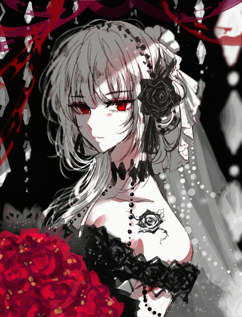 1girl bangs bouquet breasts expressionless flower highres long_hair looking_at_viewer nga_(artist) original red_eyes simple_background solo veil very_long_hair